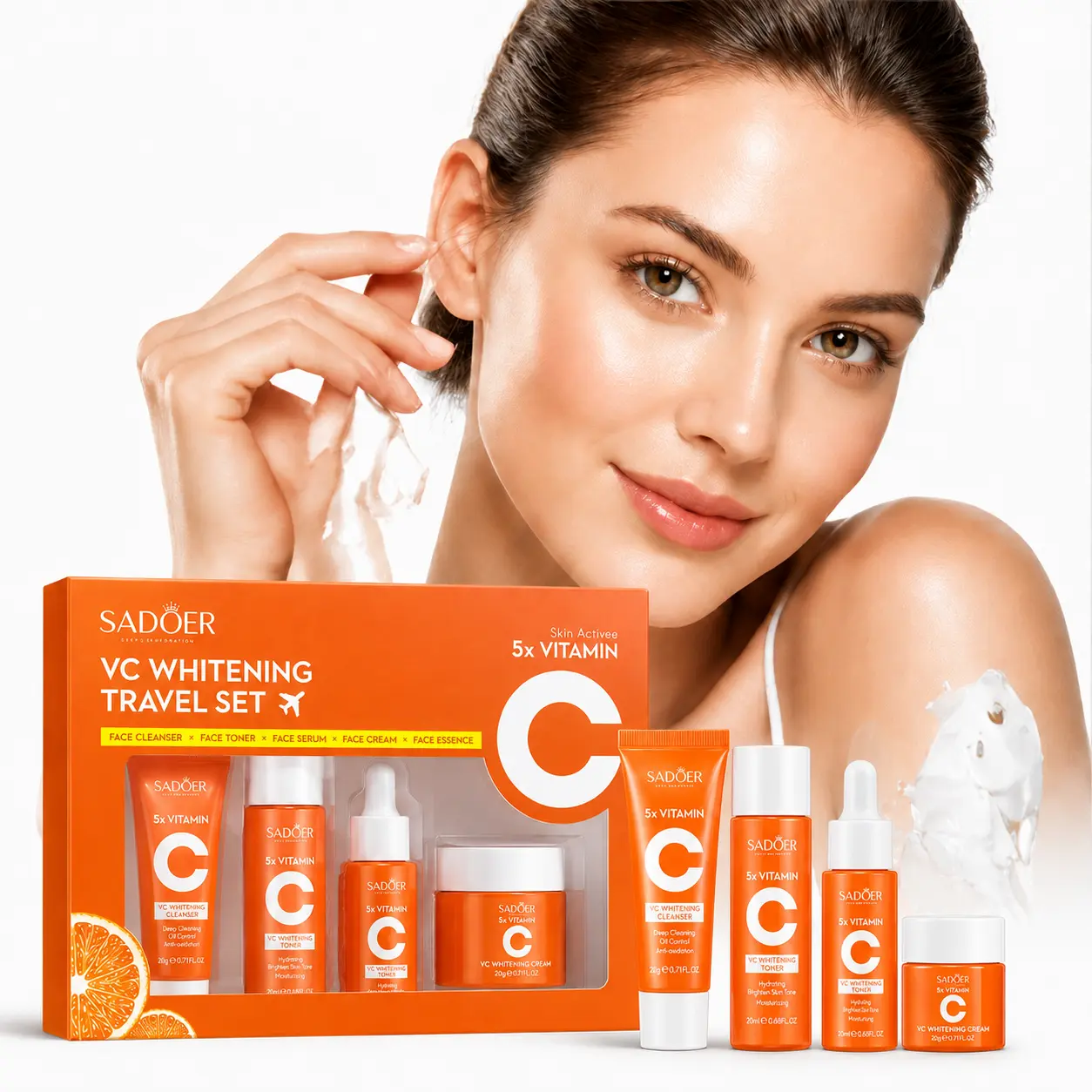 Vitamin C Skincare Set for Face, Travel Size Skin Care Kit with Cleanser Toner Serum Cream, Vitamin  Niacinamide Brightening Facial Care Routine, Hydrating Moisturizing Lightweight Formula, Daily Beauty Essentials Gift Set for Women All Skin Types