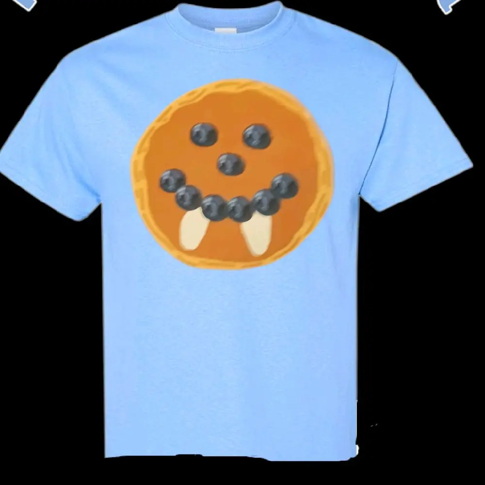 Women's Damon's Vampire Pancake Unique Graphic T-Shirt - Carolina Blue, Cotton, Machine Washable, Short-Sleeve, Classic Fit, Breathable, Casual Streetwear, Mystic Falls Fans of the Show Merchandise
