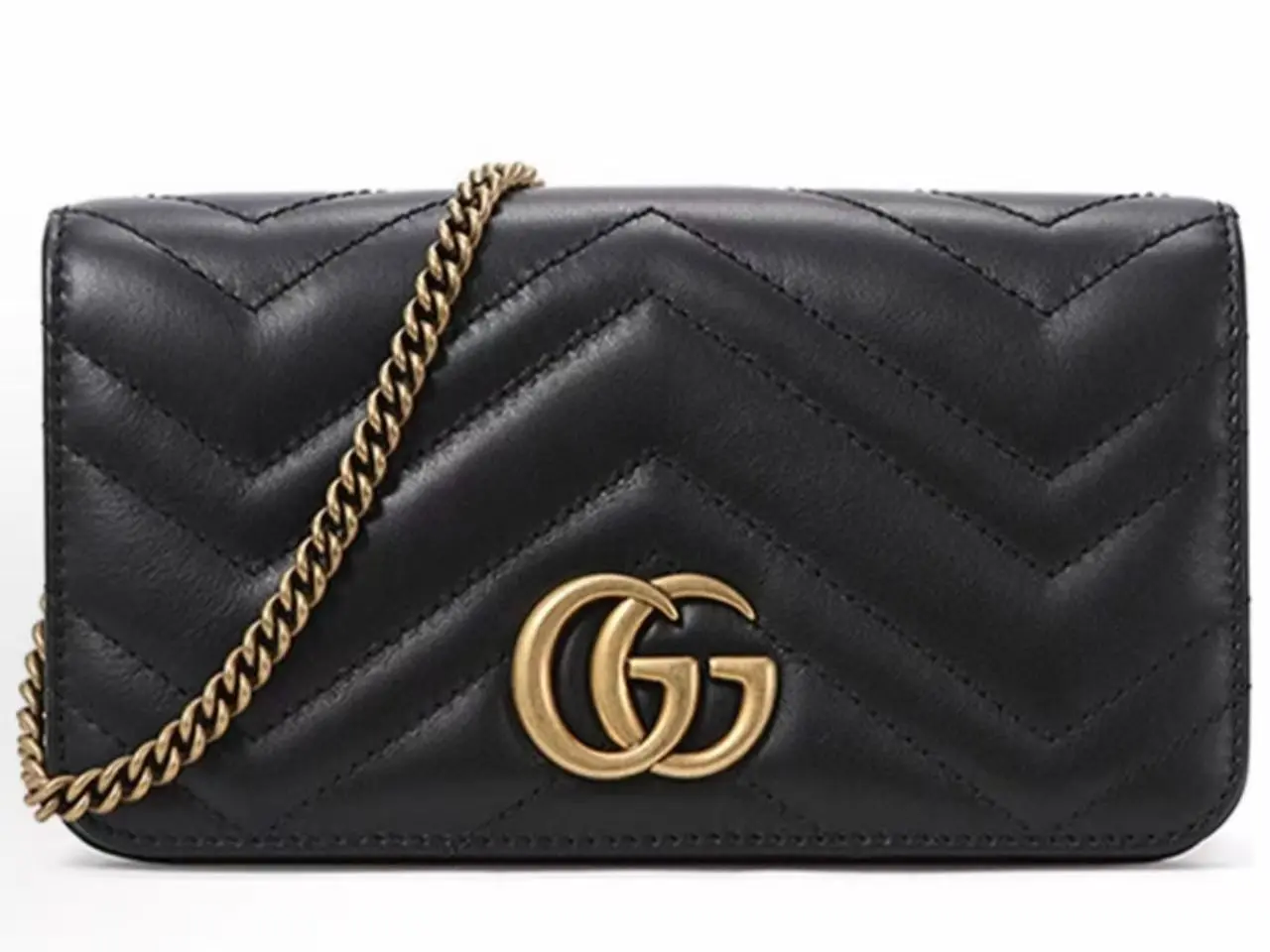 Pre-owned GUCCI GG Marmont Matelasse Wallet On Chain WOC Black Leather Gold Hardware Crossbody Bag