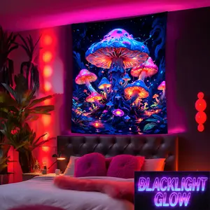 Large UV Black Light Tapestry - Vibrant Printed Mushroom Cluster, Lightweight Polyester Fluorescent Wall Hanging, Magical Fantasy Theme, Machine Washable, Ideal for Bedroom, Wedding Decor, Includes Free Shown Accessories