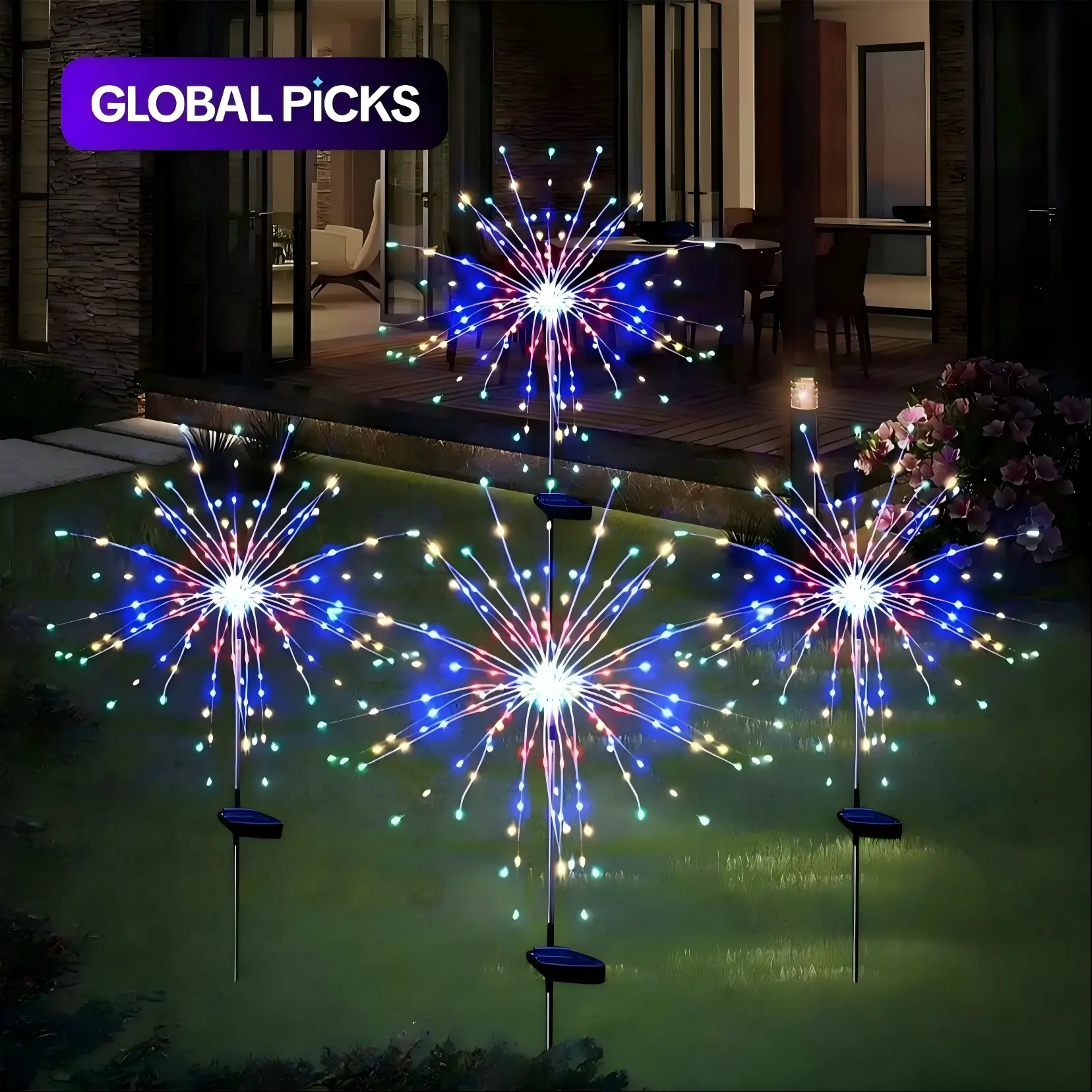 Fireworks garden lamp, colorful solar-powered vertical lamp; allows you to create any shape. IP65 waterproof, automatic day/night switching. Outdoor pathway decorative light, suitable for courtyards, terraces, lawns, festivals, weddings, and parties.