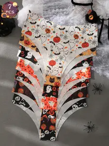 7-piece set of Halloween themed women's underwear, featuring cute ghost, skull, and pumpkin prints, suitable for holiday, autumn, winter, daily activities, and leisure sports.