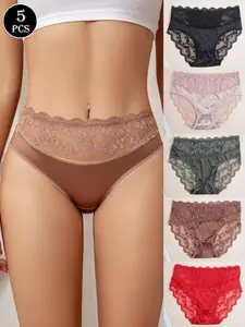 4/5-pack of high-waisted lace briefs for women, multi-colored floral lace trim, breathable and highly elastic, not stuffy or sweaty, French elegant everyday underwear, skin-friendly and pill-free.
