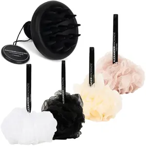 I AM 4-Pack Large Loofah Exfoliating Sponge & Soft Scalp Massager Brush for Hair Growth Ultimate Beauty Hair and Body Care Set: Premium Body Loofa Sponge, Premium Self-Care Scalp Massager (Coal)