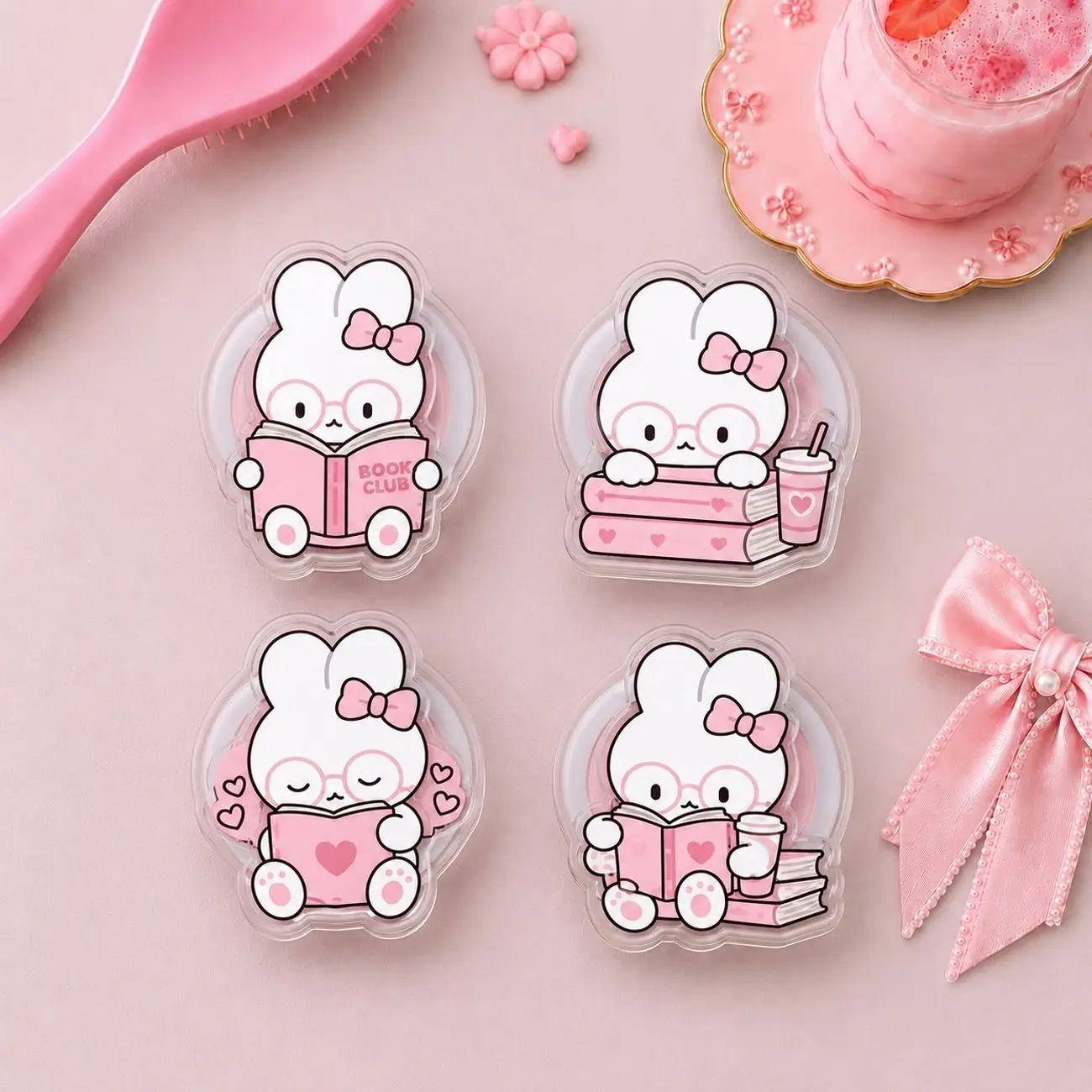 Bookish Bunny Phone Grip, Cute Pink Reading Rabbit miffy cute Phone Holder, Kawaii Book Club Aesthetic Accessory, Gift For Book Lovers