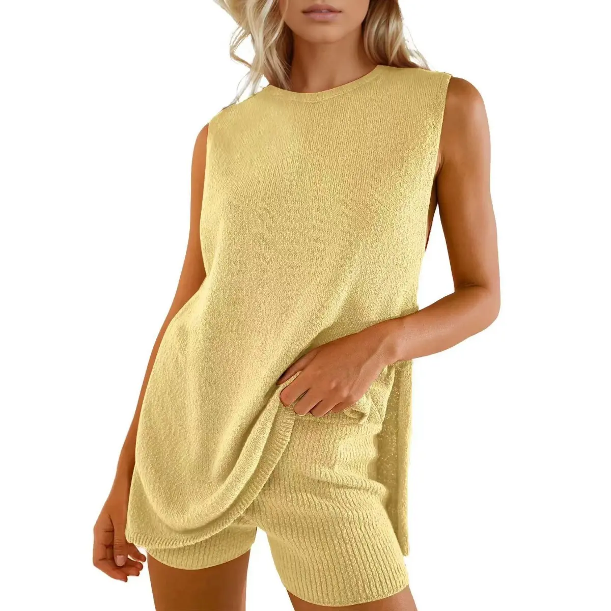 Viral Summer Women’s 2 Piece Knit Lounge Set | Sleeveless Oversized Sweater Top &  Shorts Matching Set, Cozy Beach Vacation Outfit, Quiet Luxury Loungewear, TikTok Trending Summer Outfit