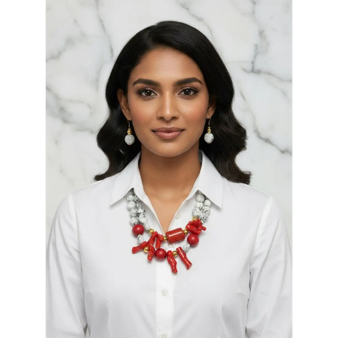 Red Coral Statement Necklace & Earrings Set – White Howlite Beads – Bold Chunky Handmade Jewelry – African Inspired Set