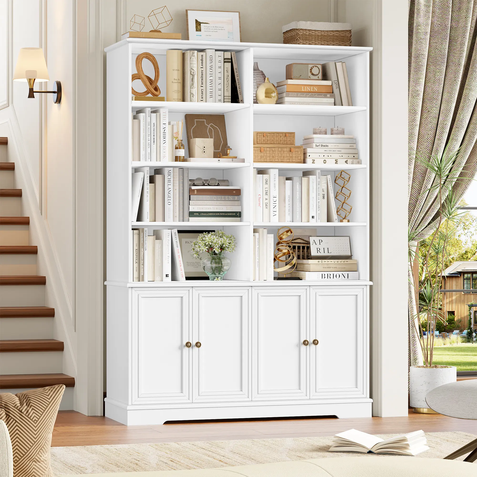 FOTOSOK 73" White Bookshelf, 6-Tier Tall Bookshelf with Doors Double Wide Freestanding Multi-Tier Bookcases and Large Bookshelves with Storage, #Summervibes