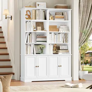 FOTOSOK 73" White Bookshelf, 6-Tier Tall Bookshelf with Doors Double Wide Freestanding Multi-Tier Bookcases and Large Bookshelves with Storage, #Summervibes
