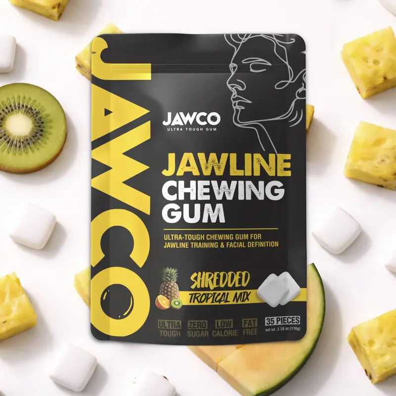JAWCO Ultra-Tough Jawline Gum | Get a Stronger, Squarer Jawline | 15X Strength | Tropical Mix Jaw Training Facial Fitness Hard Chewing Gum (35 Pieces)