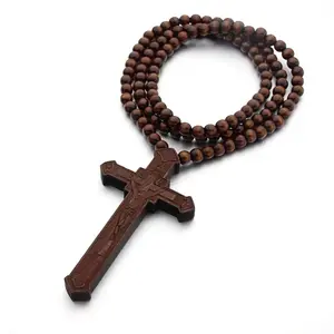 Jemant Wooden Crucifix Cross Necklace For Men Women Long Large Big Natural Wood Cross Necklace Rosary Beads Chain Handmade Jewelry Y2k Gothic Accessories Christian Religious Faith Prayer Baptism Easter Confirmation Gift For Boy Girls Grandson Son Father