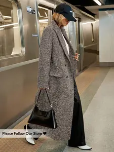 Women's Autumn/Winter Lapel NeckHerringbone Double-Breasted Long Sleeve Long Casual Overcoat,Fall Brown