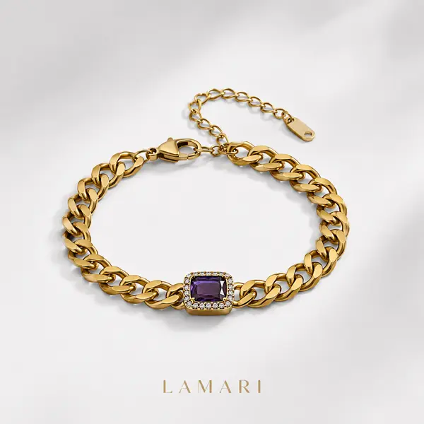 LAMARI Vintage Statement Bracelet for Women, Gold-Plated Chunky Cuban Link Chain with Purple Centerpiece, 9.05 Inch Adjustable Extender for Party Wear, Crystal Charm, 9.05 Inches, Bold And Elegant