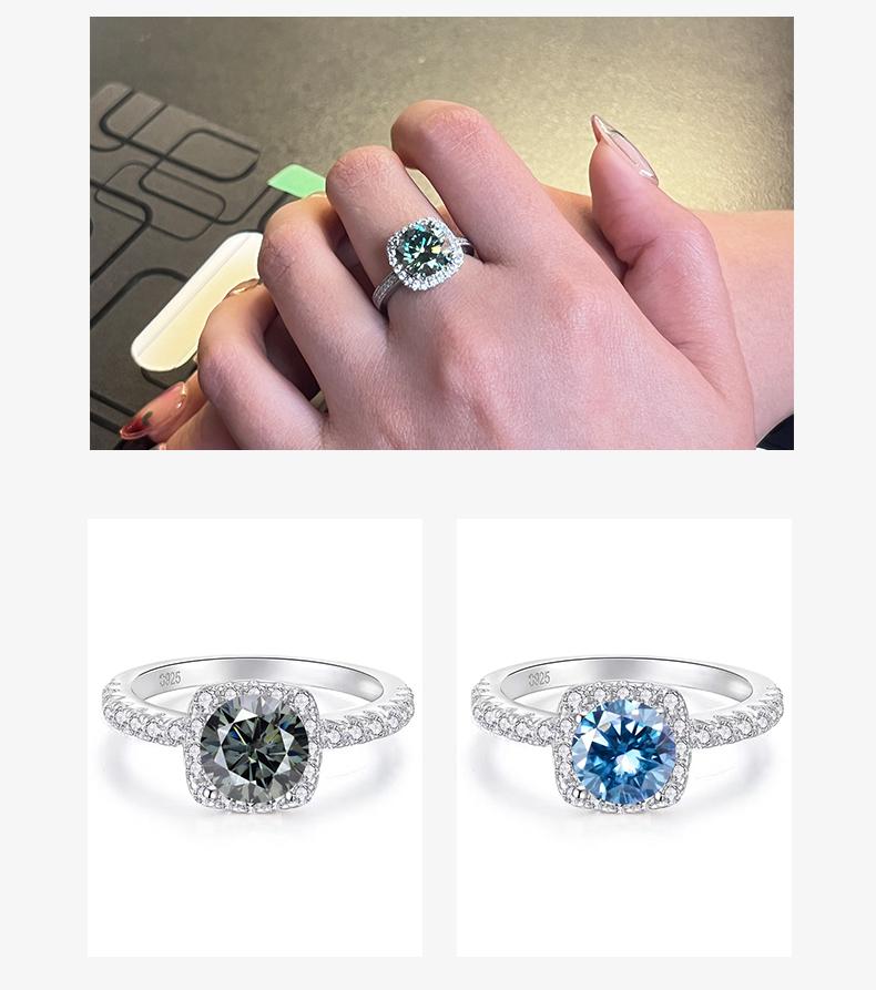 [Venus Jewelry] Synthetic Mossianite 3 CCT Green VVS 1 Solid SIlver Ring Square Halo 925 Silver Ring