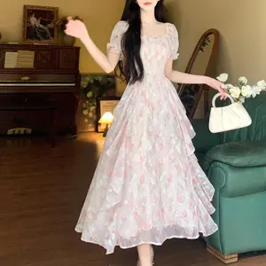 Large size French gentle fairy floral square collar dress for women in summer fat MM waist slimming temperament elegant long dress Cute Fitted Pink*9016 summer outfits(Sheets)