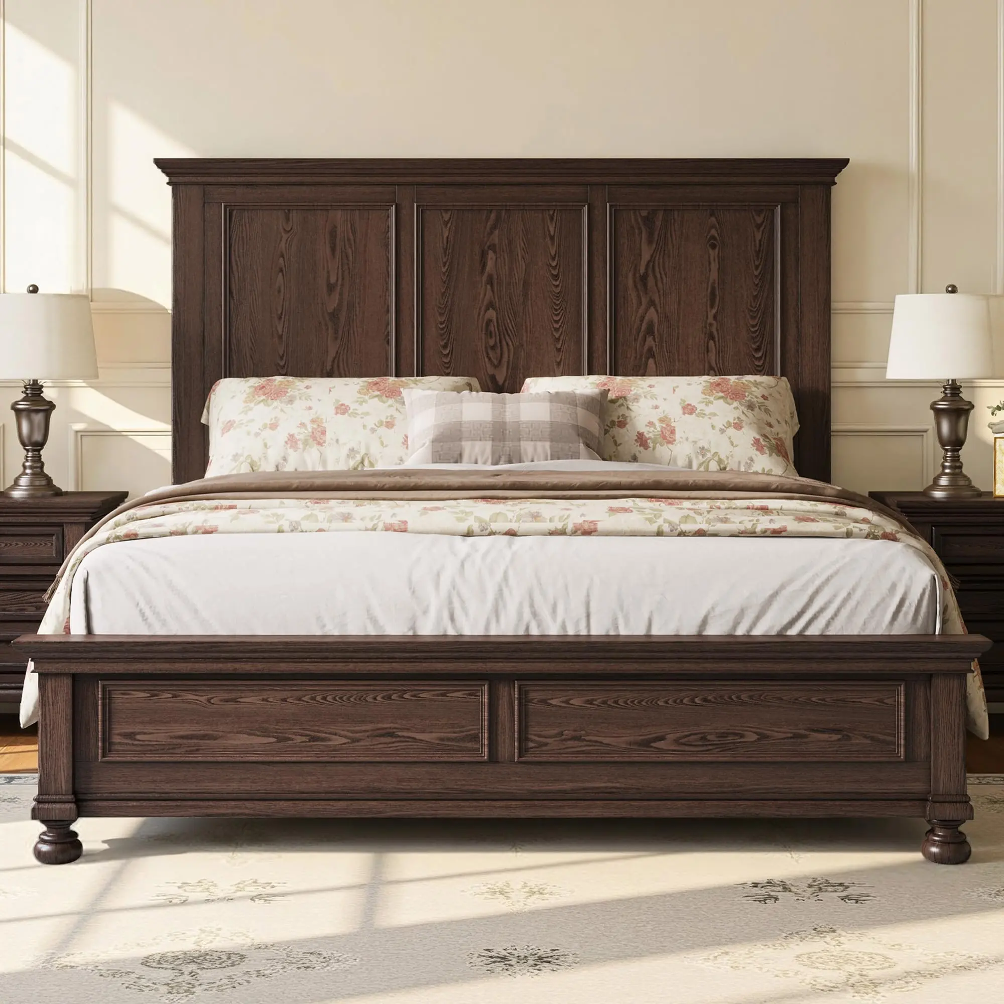 [Ships in 2 Boxes] [SummerSale] AMERLIFE Solid Wood Bed Frame with 65.2" High Headboard, Traditional Platform Bed with Heavy Duty Slats, No Box Spring Needed, Easy Assembly