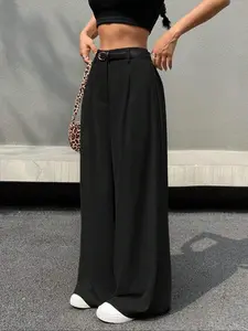 Solid Color Waistband Loose-Fit Women's Straight Leg Pants, Comfortable Stretch Fabric, Durable Wear, All Season Wear, Versatile Casual Bottoms, Casual Fashion Pants