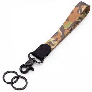Camo Wrist Lanyard for Men and Women - Brown, Green, Gray Color Combination - High-Quality Leather & Metal Buckle Clips - 2 Key Rings - Perfect for Car Keys and Wallet