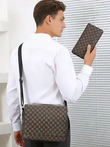 Men's 2-Piece Monogram Crossbody Bag Set - Vintage Faux Leather Messenger Bag with Adjustable Strap + Zipper Wallet, Large Capacity & Multi-Pocket Design for Daily Commute, Business & Travel, Satchel, Crossbody Shoulder Bags