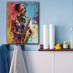 [2D Flat]High-Definition Printed Oil Painting of an African American Saxophonist in Contemporary Art, Featuring an Abstract Jazz Saxophone Player on Canvas Suitable for Decorating Off