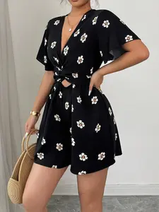 Floral Waist Cutout Jumpsuit Shorts, V Neck, Short Sleeve, Casual Summer Style, Loose-Fitting, X Type Silhouette