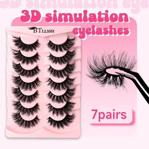 7/14 Pairs Volumized Long D Curl False Eyelashes, Black Fluffy Strip Lashes, Cat Eye Look, Natural Curling Strip Lashes, Dramatic Eyelashes for Daily Eye Makeup, Volume Fluffy Lashes