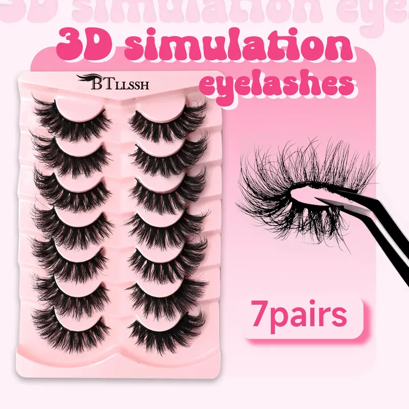 7/14 Pairs Volumized Long D Curl False Eyelashes, Black Fluffy Strip Lashes, Cat Eye Look, Natural Curling Strip Lashes, Dramatic Eyelashes for Daily Eye Makeup, Volume Fluffy Lashes