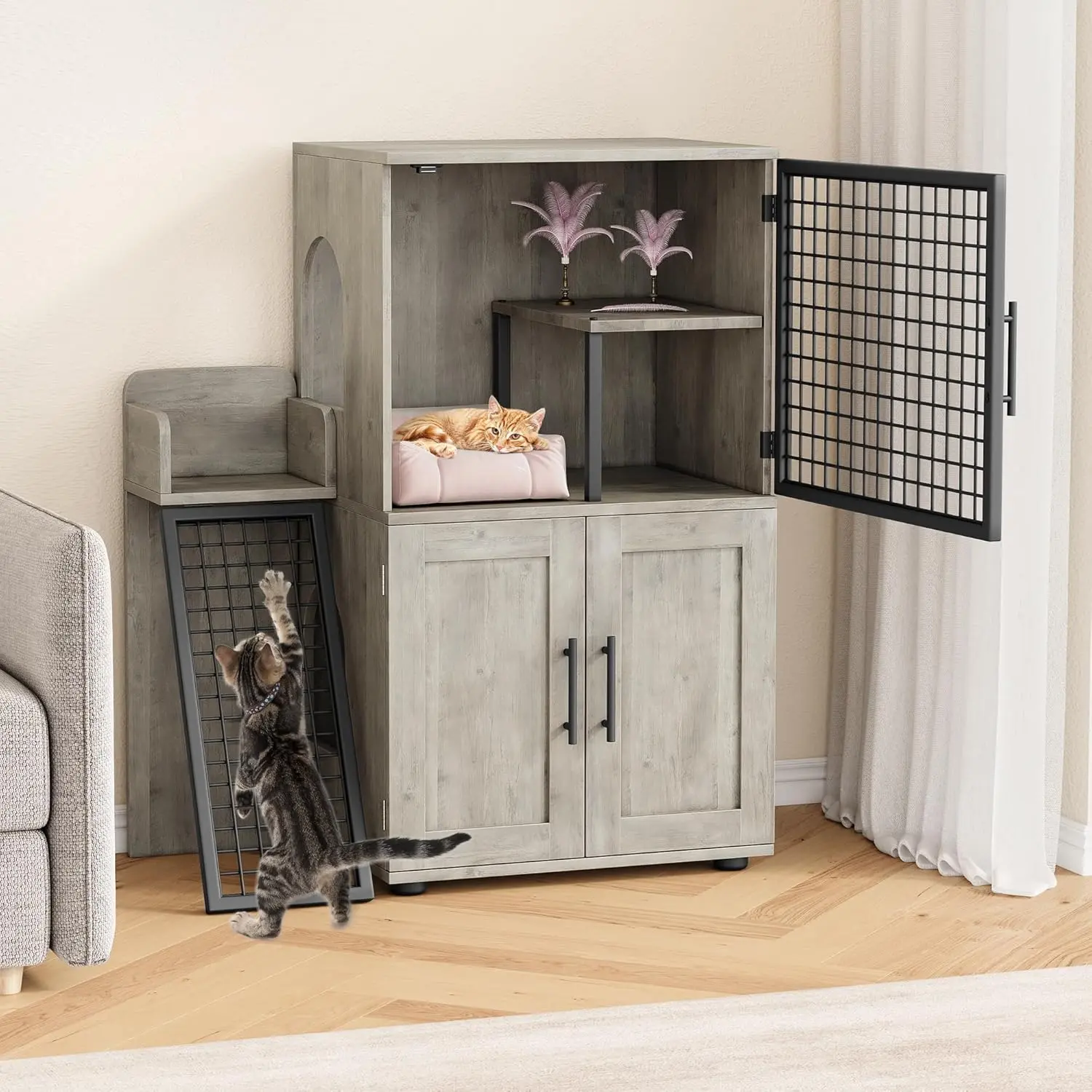 Gray Litter Box Enclosure Cabinet for Indoor Cats - Dual-Layer Design with Sturdy Ladder, Hidden Washroom, Storage, Odour Control, Spacious Privacy Containment, Easy Litter Change Access, Elevated Playground Enrichment Indoor Furniture