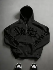 Men's Graffiti Zip-Up Hoodie | Oversized Fit, Street Art Print, Tops | Trendy Streetwear Essential | Perfect for Edgy Urban Style Enthusiasts