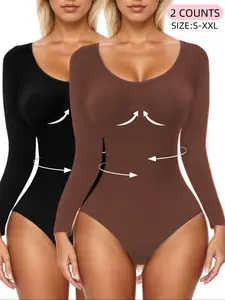 S-XXL,Women's Ribbed Abdomen Control Bodysuit, High waisted shapewear, High waist shaper, Firm tummy control, Comfortable Scoop Neck, Long Sleeve Seamless, Soft Elastic Fabric, Shapewear for Fall&Winter, Daily Wear & Going Out