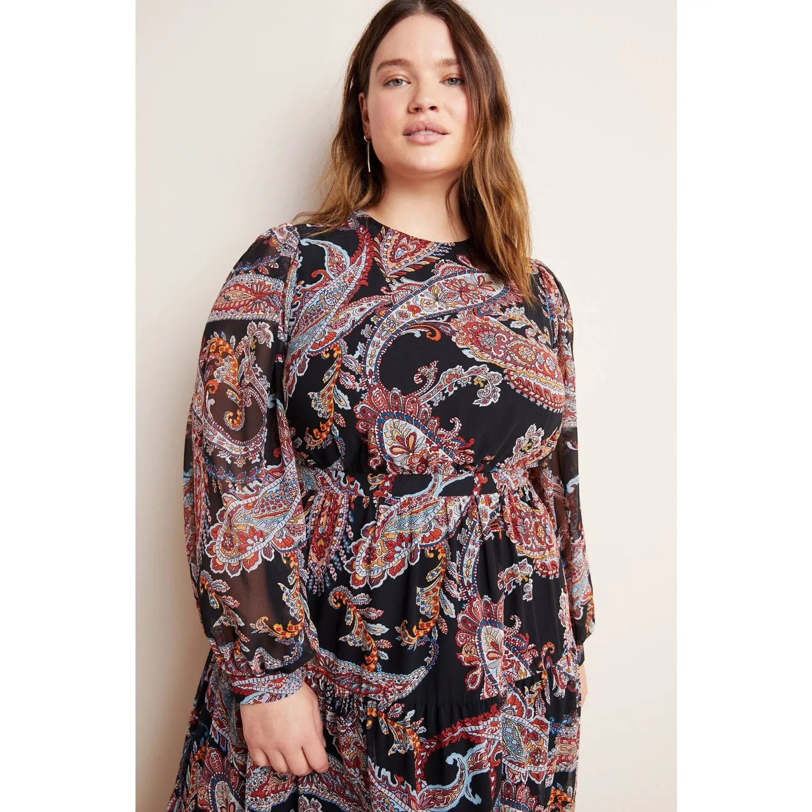 Anthropologie Paisley Long Sleeve Maxi Dress PLUS 16W Black Motif - TikTok  Shop