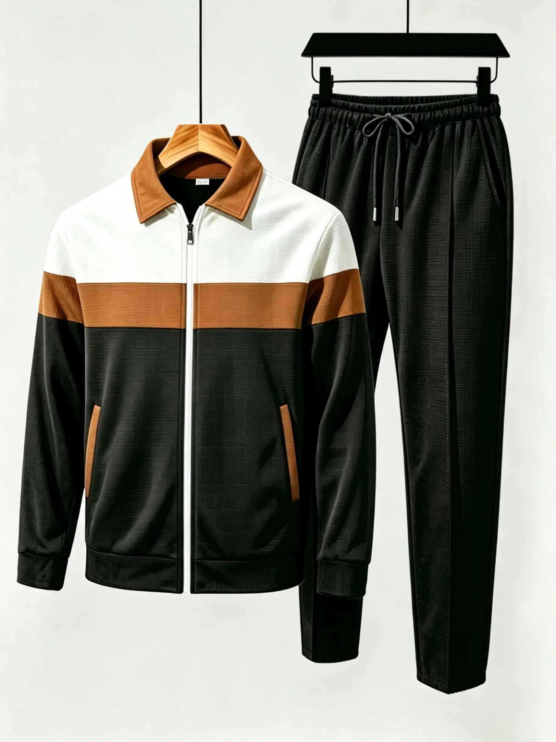 men's 2 piece sets  featuring a color-blocked long-sleeved zippered hooded jacket and drawstring pants, ideal for outdoor wear