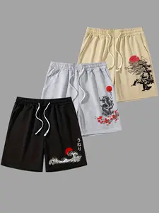 Men's Landscape Dragon Print Drawstring Waist Shorts, Summer Casual Outdoor Gym Shorts 3 Pack, Ideal Gift for Men, Casual Athletic Shorts