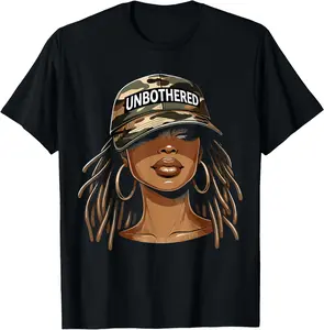 100% Cotton Unbothered Black Woman With Cap Camo Afro T-Shirt