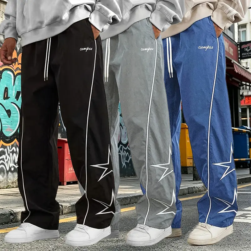 Multi-piece set of solid-color trendy casual long pants — starry design, casual Street Style long pants, loose street long pants, Cargo Pants, Trouser, Menswear