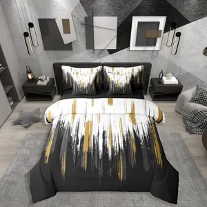 Black And White Abstract Bedding Set,Kids Teen Adults,Black Grey Yellow Brush Strokes Graffiti Oil Painting Comforter Bed Set,7 Piece Modern Abstract Bed Set