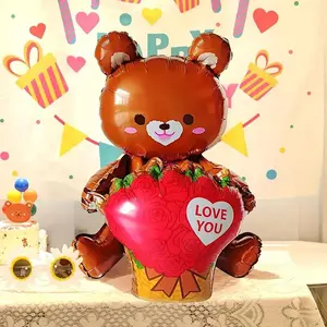 Bear Design Balloon, 1 Count Cute Bear Holding Flower Balloon, Birthday Party Decoration, Party Supplies, Photo Props, Background Decoration