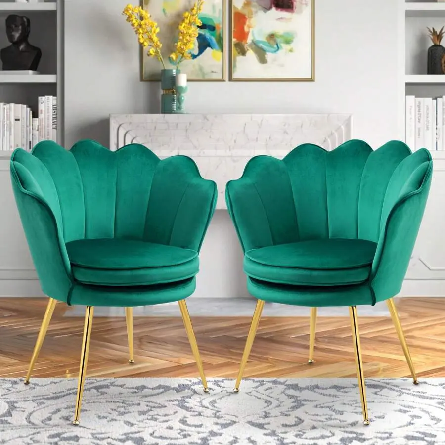 Petal Chair 2 Piece Set, Upholstered Velvet Accent Chair With Cushion And Metal Legs, Vintage Casual Tufted Flower Chair For Living Room Bedroom Reading Area