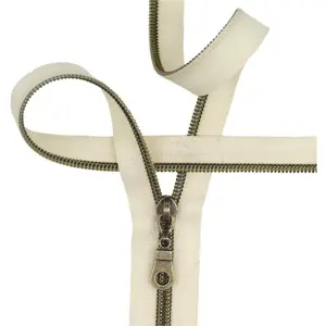 #5 Antique Brass Metallic Nylon Coil Zippers by The Yard Bulk Coil Zipper Roll 10 Yards with 25 count Pulls for DIY Sewing Craft Bags (Beige)