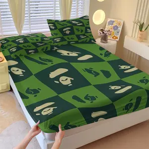 BAPE Green Checkered Ape Head Fitted Sheet Set, 1 Fitted Sheet and 2 Pillowcases, Deep & Shallow Green Plaid with Ape Head Silhouette, Soft Wrinkle-Resistant Retro Trend Bedroom Décor, Gift for Fans, Bedset