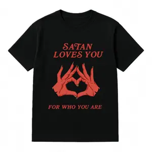 Mens Retro Edgy Graphic TShirt Featuring Satan Loves You Print Perfect for Vintage Streetwear and Holiday Gifting