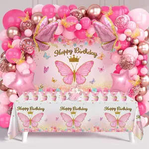 Butterfly Pink/Purple Balloon Tablecloth Backdrop Set,94pcs Pink Butterfly Latex Balloon Girls Birthday Party Decoration,Happy Birthday  Balloon Arch Kit