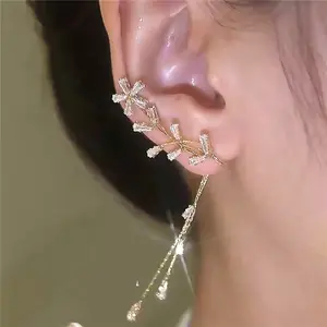 Shiny Fashionable Wheat Ear Flower Tassel Ear Clip, DDES0300 Light Luxury Non-Pierced Wearable Zirconia Ear Jewelry, 14K Gold-Plated