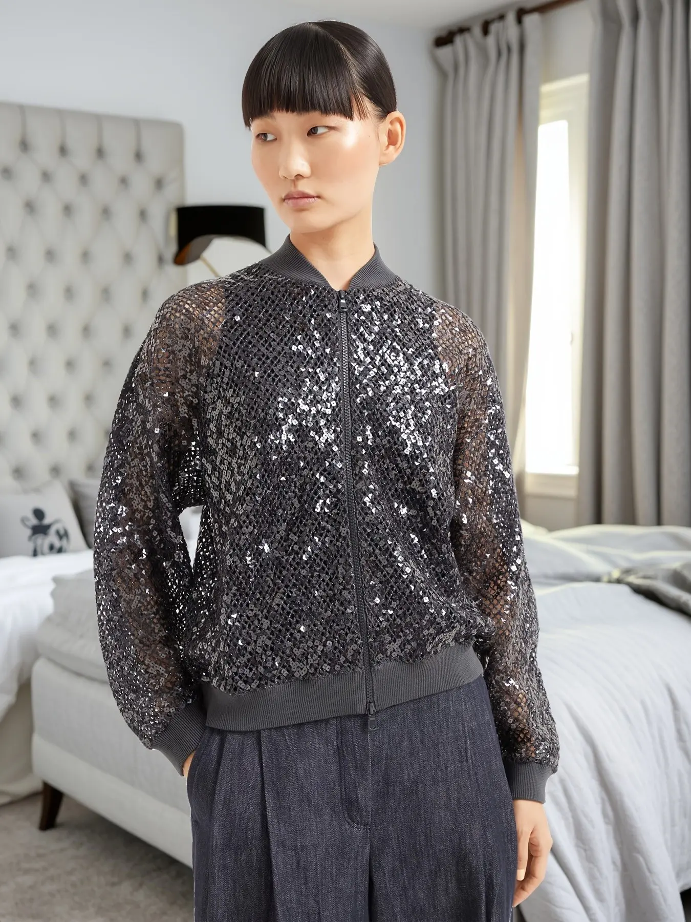 Sparkly Mesh Bomber Jacket for Women, Stunning Shimmering Style, Perfect for Trendy Parties, Social Gatherings, Daily Outings