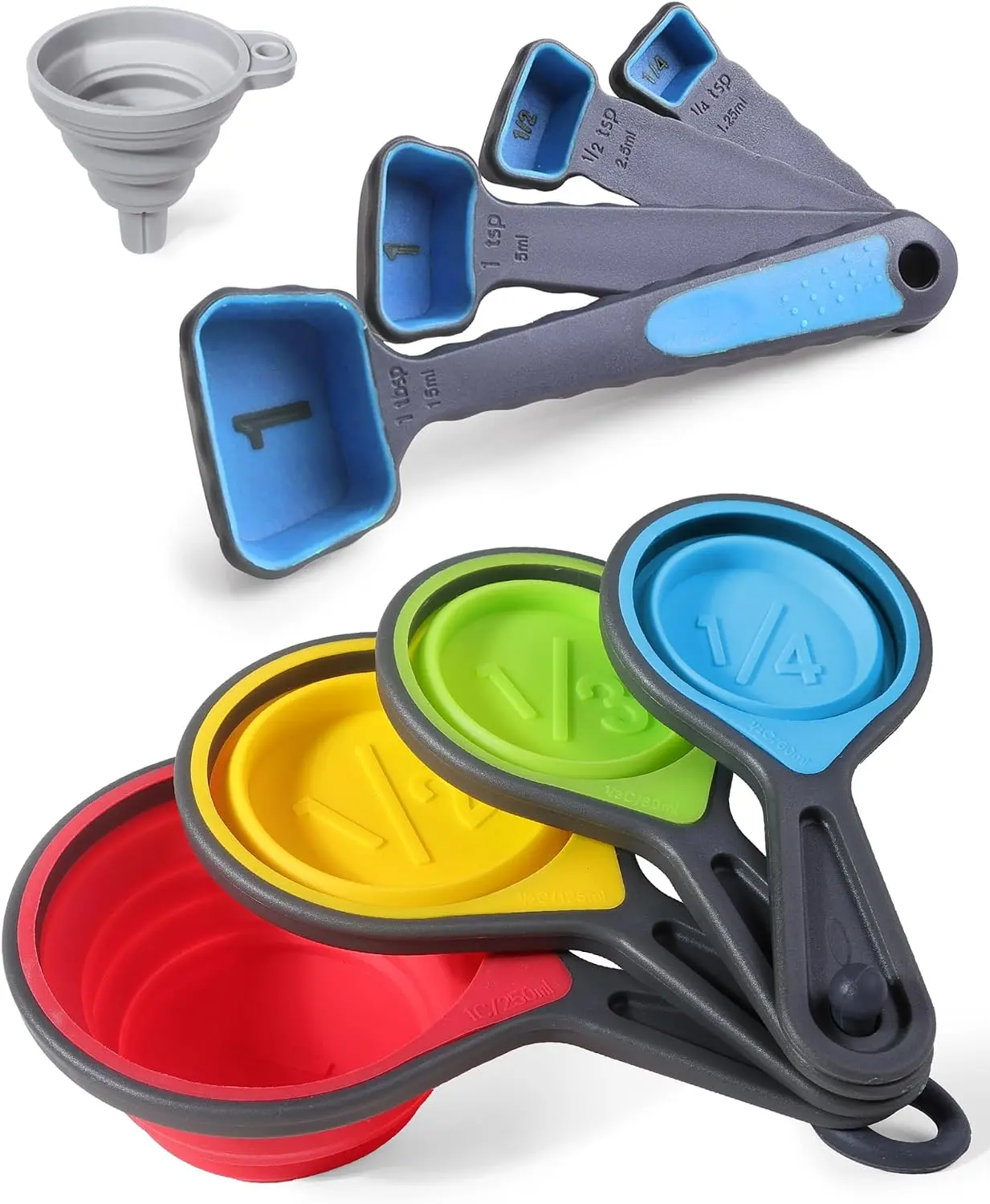 Kitchen 8-Piece Folding Measuring Cup & Spoon Set - BPA-Free Flexible Silicone, Engraved Metric/US Markings, Funnel, Portable Lightweight Hanging Space Saver Utensils for Baking, Cooking