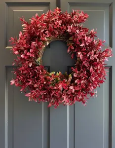 Ophelia Artificial Crimson Foliage Wreath - Round, Lifelike Leaves, Natural Grapevine Base, Indoor/Outdoor, 22-24 Inches, Maintenance-Free, Fall & Holiday Decor