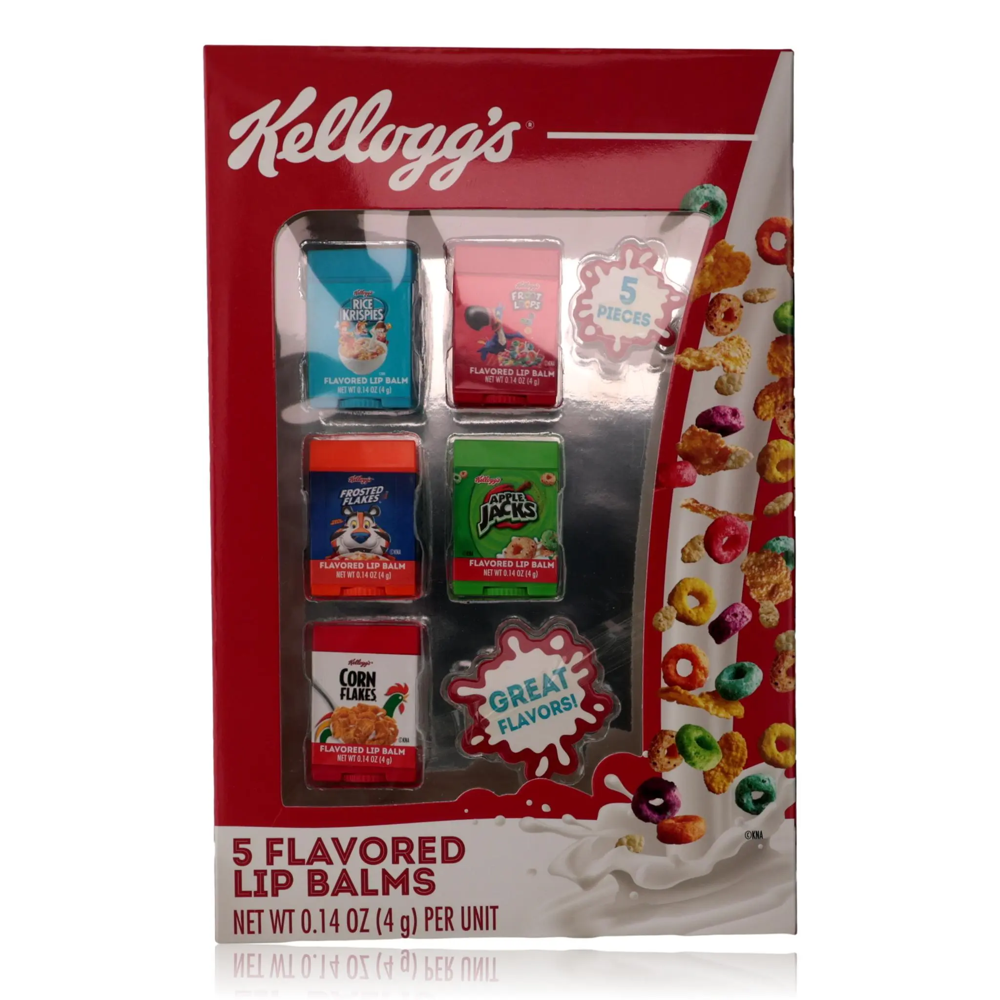 Kellogg's Kid-Safe Flavored Lip Balm Set - 5-Piece Cereal-Scented Balm Tubes, 0.14oz Each (Beauty & Personal Care, Makeup Lip Product), Cereal Scents, Five Pieces