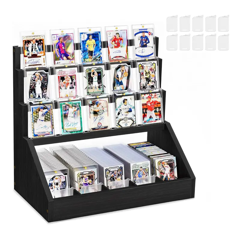 Emfogo Natural Wood Graded Trading Card Display Stand - 3-Tier Holder with 5-Row 700+-Card Storage Base, Cards Storage Organizer for PSA Top Loaders (Baseball TCG Compatible), 17.7x10.2x16.5in Black, Perfect Birthday Gift Option