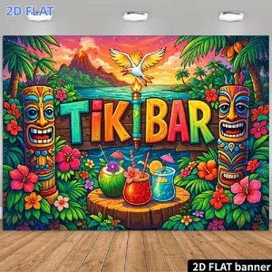 2D Flat Banner 1pc, Festival Party Themed Backdrop Featuring a Neon "TIKI BAR" Sign, a Totem Pole with Burning Flames, Tropical Palm Leaves, Pink Hibiscus Flowers, Flying Birds, a Sunset Seascape, Mountains,