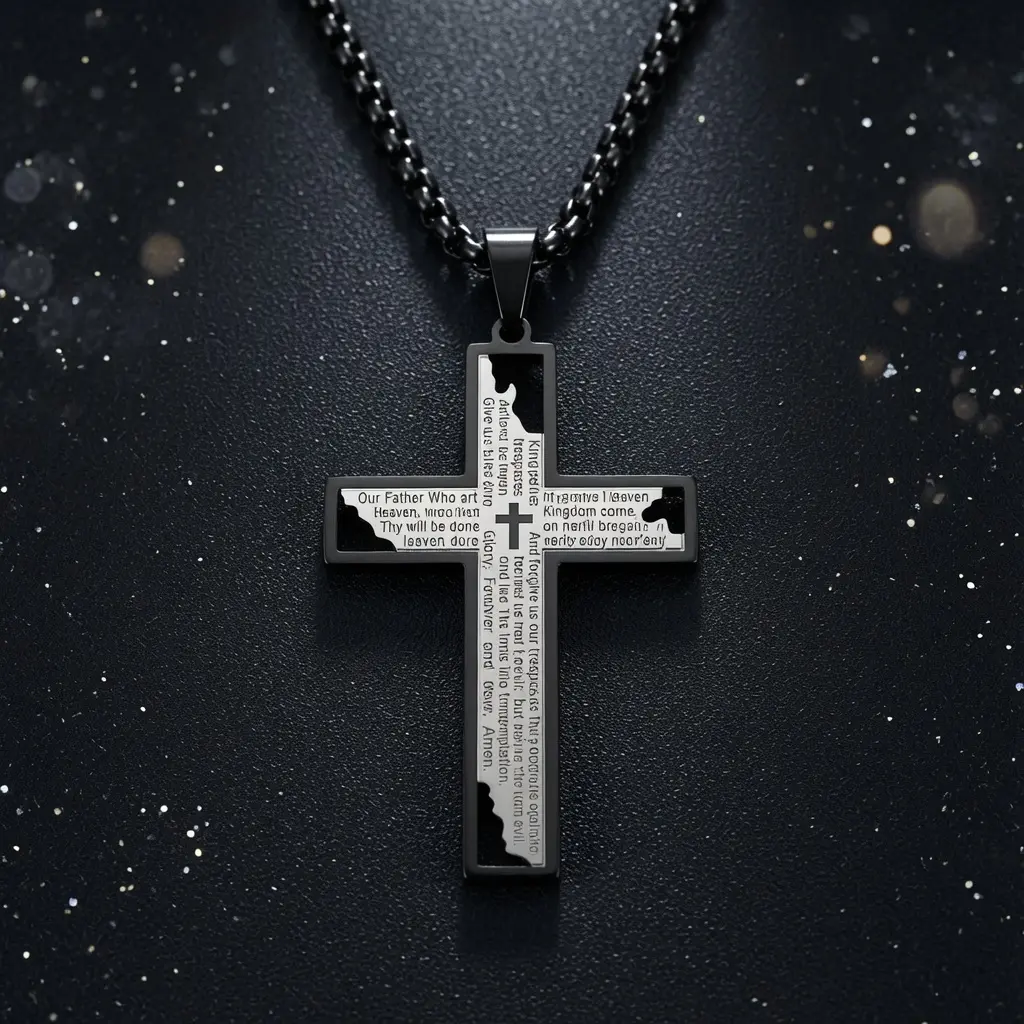 Trendy Two-Tone Cross Pendant Necklace for Men | Premium Stainless Steel Cuban Link Chain | Waterproof & Non-Tarnish | Unique Engraved Layered Design | Streetwear Y2K Jewelry Accessories Boyfriend Gift